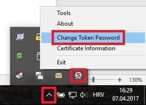 Right-click on the icon SafeNet Authentication Client at bottom right of the screen, next to the system clock, and choose the option Change Token