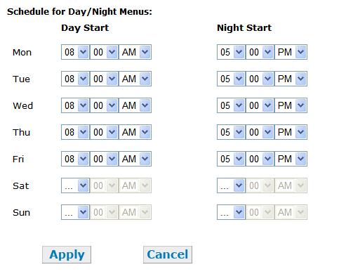 Auto Attendant Schedule You can accept the default Day and Night Start times or use the bottom portion of the Auto Attendant General Settings page to set the day and night start times for each day of