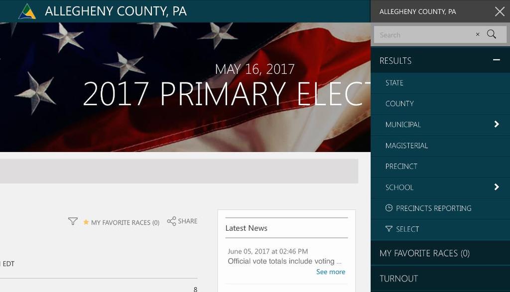Header bar detail (desktop) Header/main menu (mobile) Main menu button (mobile) The header bar contains the date of the election the results pertain to as well as the type of election (primary,