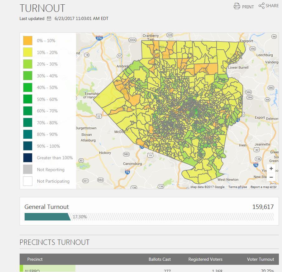 You can hover your mouse over a precinct (if using a desktop) or tap a precinct (if using a mobile device) to view individual turnout information for that precinct.