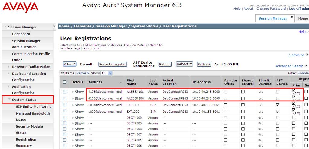 1, select Session Manager as highlighted below. Select System Status and User Registrations in the left column.