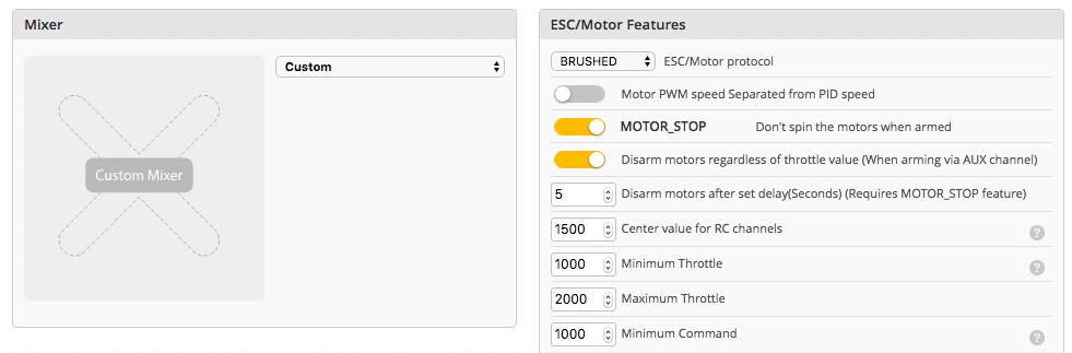 3. Configure your model. In the CONFIGURATION tab, select BRUSHED as the ESC protocol. Activating the MOTOR_STOP feature is also recommended.