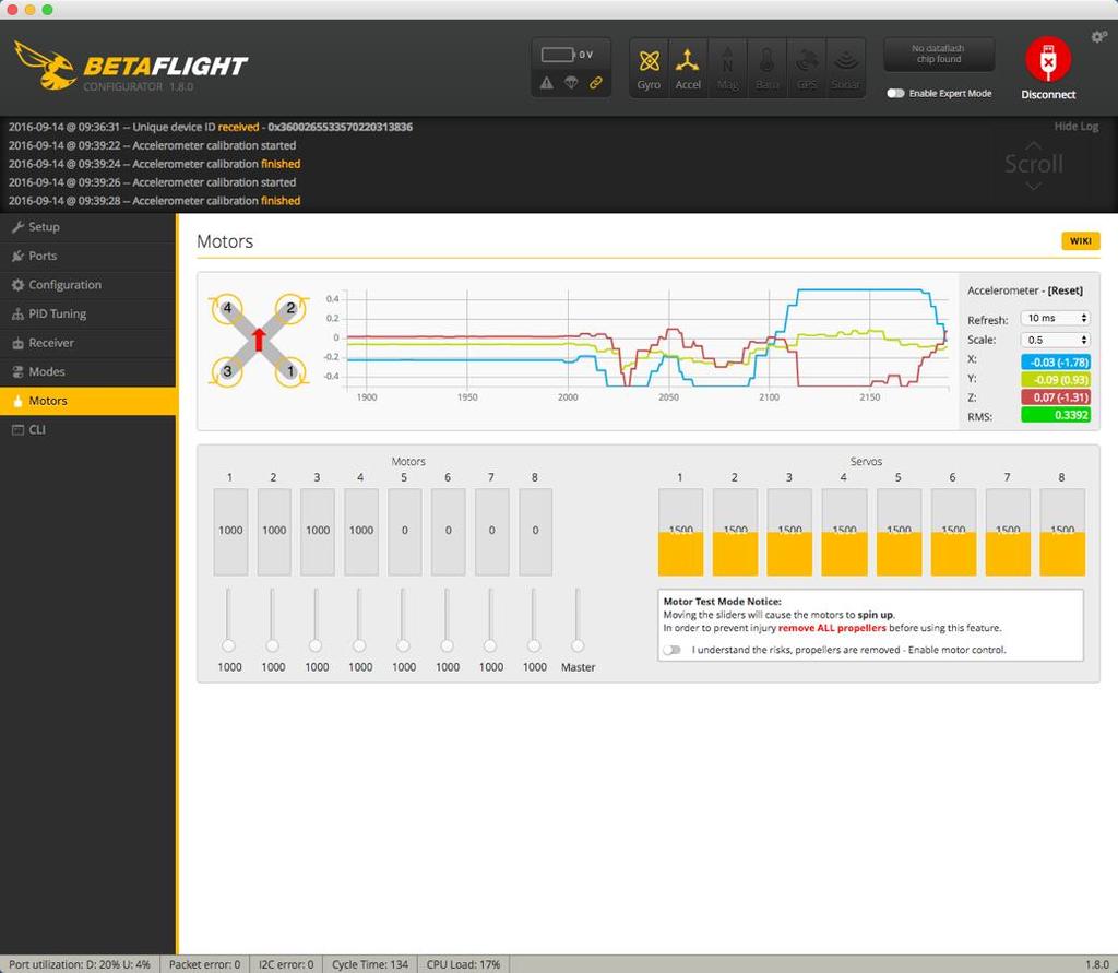 Check the Sensors tab in Cleanflight Configurator or the Motors tab in Betaflight Configurator. It has to look like this when you move your Acrowhoop in each axis.