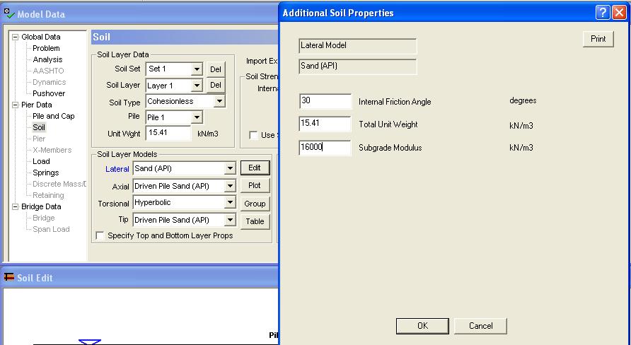 Select each of the four soil models: Lateral, Axial, Torsional, and Tip. Enter properties for each soil Model.