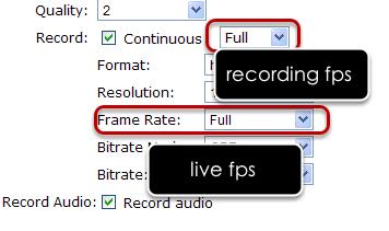 For MPEG/H.264, only I frame or full (i+p frame) can be selected for recording fps. For single stream camera, only the recording fps can be adjusted.