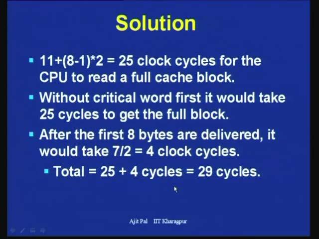 (Refer Slide Time: 39:00) The solution is 11 plus 8 minus 1 into 2. One you have already read into 2, so is 25 clock cycle CPU a full block cache for this particular problem.