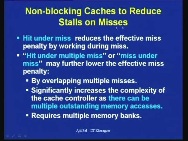 (Refer Slide Time: 42:09) So, in this case hit under miss reduces the effective miss penalty by working during miss.