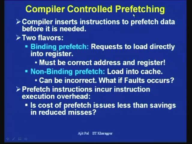 (Refer Slide Time: 48:25) Then third approach based on complier controlled prefetching, so in this case complier inserts instruction to prefetch data before it is needed.