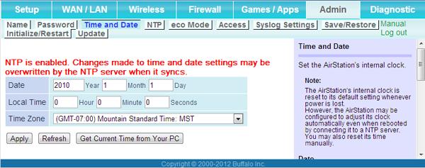 Time and Date Configure the AirStation s internal clock here. Date Local Time Time Zone You may manually set the date of the AirStation s internal clock.
