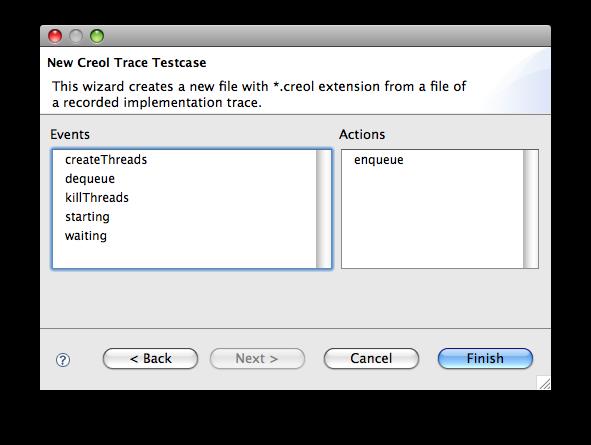 Fig. 8. Generating the tester from a recorded trace: separating Actions and Events. enqueue is to be triggered by the tester, so is designated to be an Action using this dialog. 5.