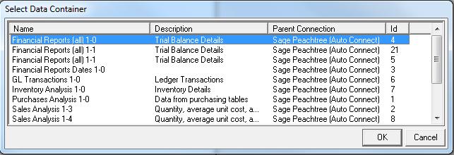 5. Click OK and the Select Data Container window opens. 6. Select the data container from which you want to source your data; for example: Sales Details.