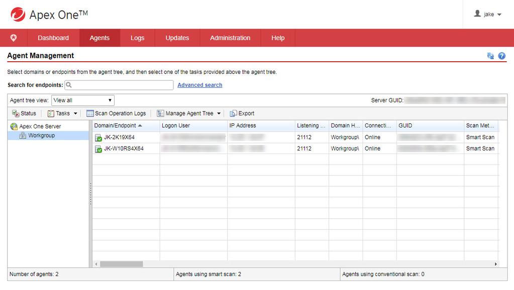 Trend Micro Apex One as a Service Administrator's Guide The Apex One Agent Tree The Apex One agent tree displays all the agents grouped into domains that the server currently manages.
