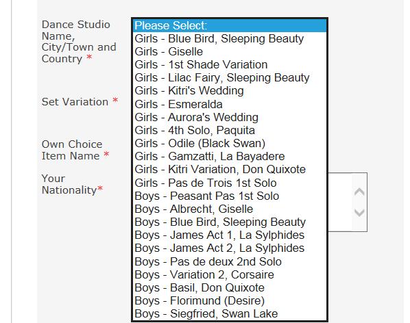Use the Set Variation field to pick your Set Solo dance. Options for the Girls are listed first, followed by options for the Boys. The lists for the Supreme and Junior Groups are different.