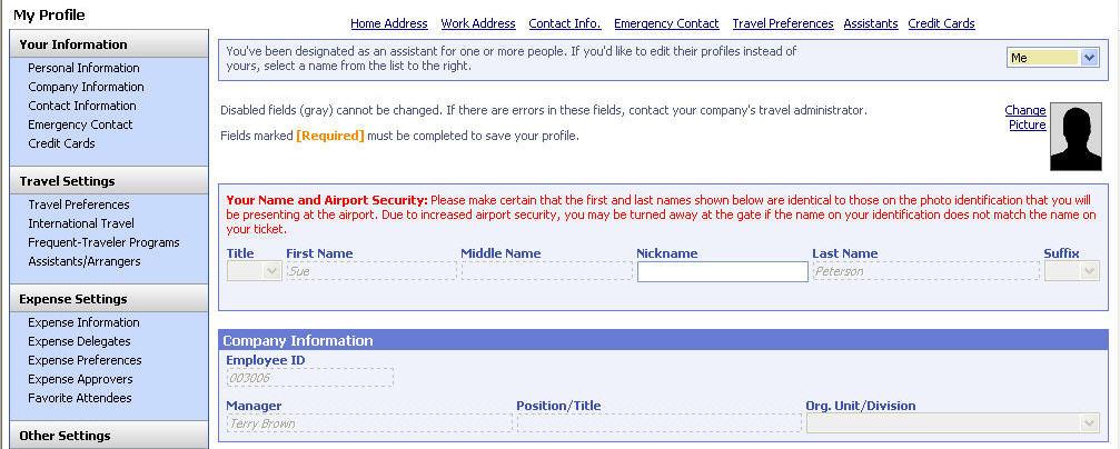 Section 3: Update Your Travel Profile (Continued) Step 3: Update Your Personal Information 1. On the My Concur page, click Profile on the menu at the top of the page. 2.