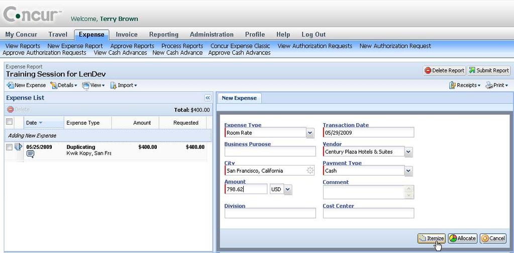 Itemize Nightly Lodging Expenses (Continued) Step 2: Create and Itemize a Lodging Expense 1. Click New Expense. The New Expense tab appears. 2. On the New Expense tab, select the lodging expense type.