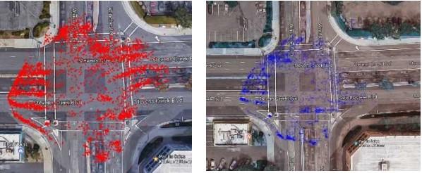 (a) (b) Fig. 6. Traffic analysis results on the Stevens-Winchester-1 video. (a) Distribution of starting(red) and ending(blue) points of vehicle trajectories.
