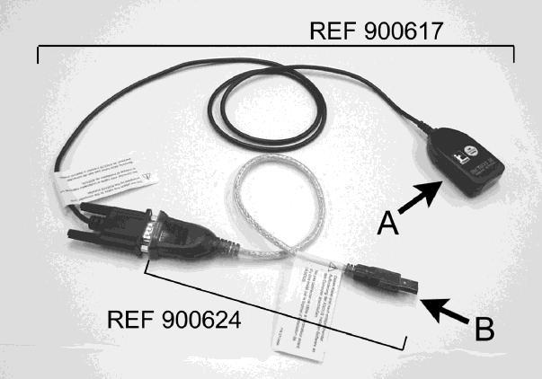 IR Adapter Cable (REF 900617) connected to Serial-to-USB Connecter Cable (REF 900624), with IR Port (arrow A) and USB Connection (arrow B) c) Locate the PC s USB port.