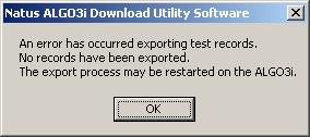 11. If data transmission is interrupted during the export process, the following message will appear on your personal computer.