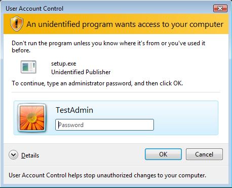 Windows 7 example: a) Select the Cancel or No button. b) Restart or reboot the PC and enter in (log in) as the Administrator.