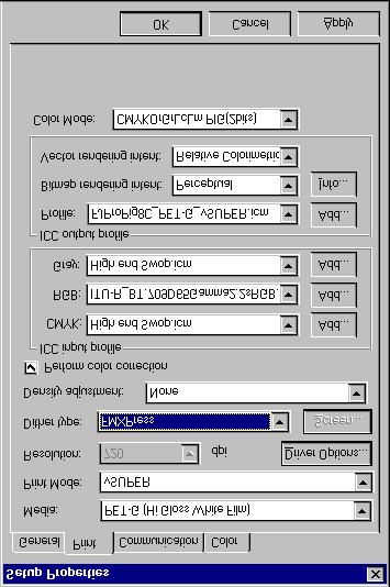 The Setup Properties Print Tab Media This option allows the user to select the media type output will be printed on. ICC profiles will automatically update to the correct profile.