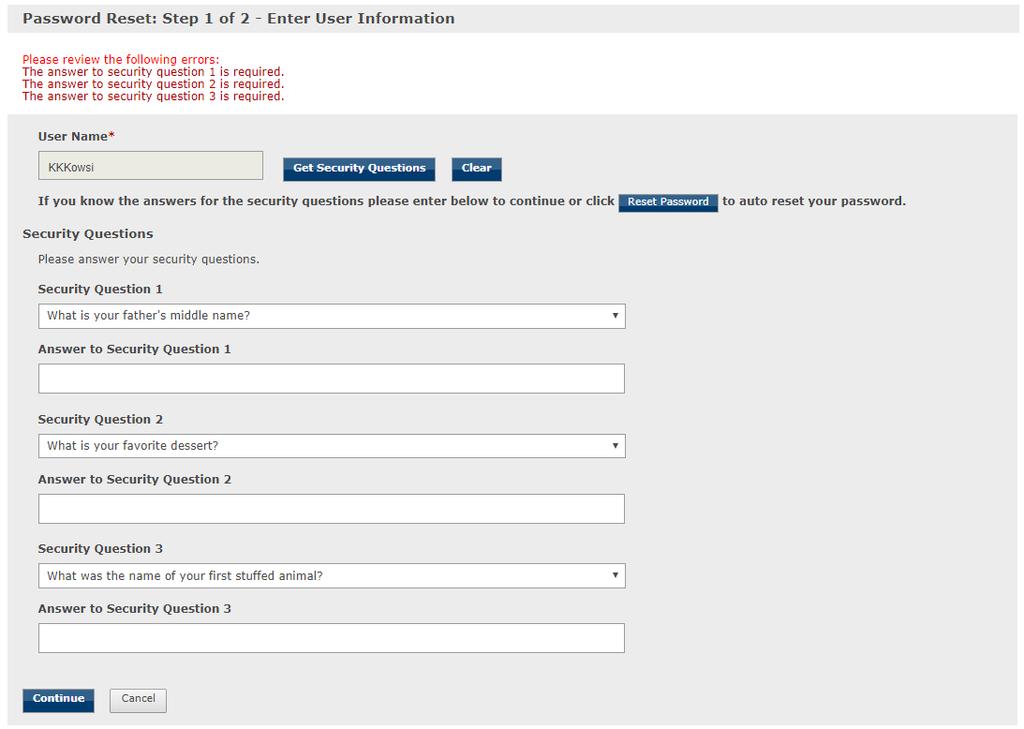 2.1 Continuing without providing security question answers: On clicking continue without providing security question