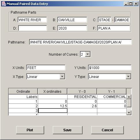 Chapter 4 Utilities HEC-DSSVue User s Manual Figure 4.13 HEC-DSSVue Manual Paired Data Entry Dialog Box 2. Type the Pathname Parts into the A, B, C, D, E, and F boxes.