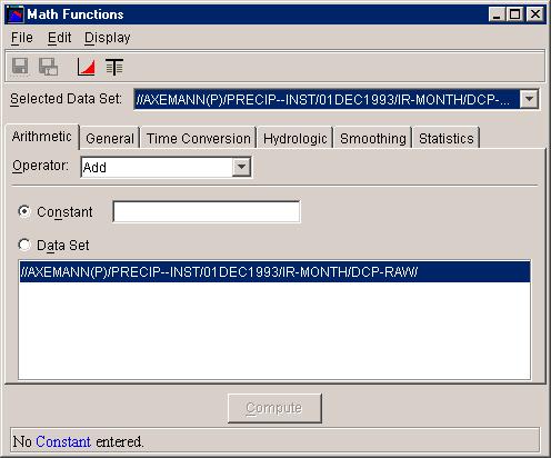 Chapter 4 Utilities HEC-DSSVue User s Manual 4.11 Performing Math Functions To access HEC-DSSVue Math Functions, from the Utilities menu, click Math Functions. The Math Functions dialog box (Figure 4.