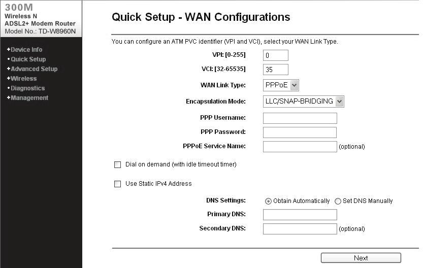 Internet Parameters Configuration This page will then display. Enter the VPI and VCI values given by your ISP. Choose the WAN Link Type given by your ISP.