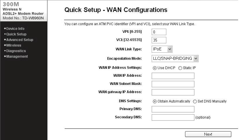 Configuration for IPoA If your ISP gives you a static WAN and DNS IP address, enter them