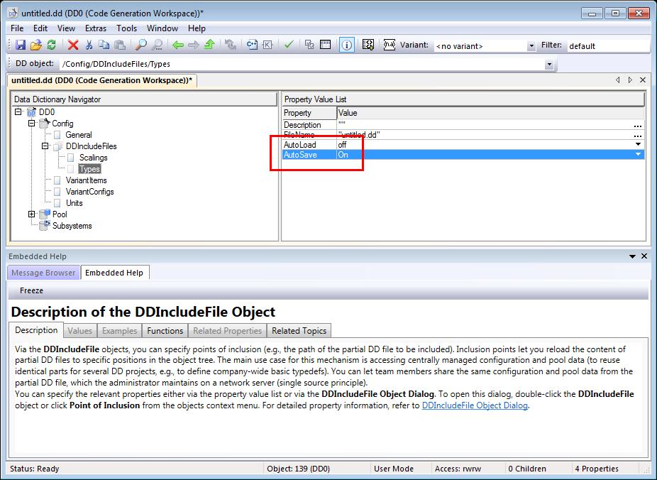 Migrating to TargetLink 4.3 and TargetLink Data Dictionary 4.3 3 Under /Config/DDIncludeFiles, set the AutoLoad and AutoSave properties for each included DD file as shown in the following screenshot.