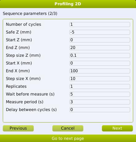 4. Add the different parameters in the motorized 2D profiling program see example below. The detailed description of the different parameters is found under the 1D profiling sequence section 5.