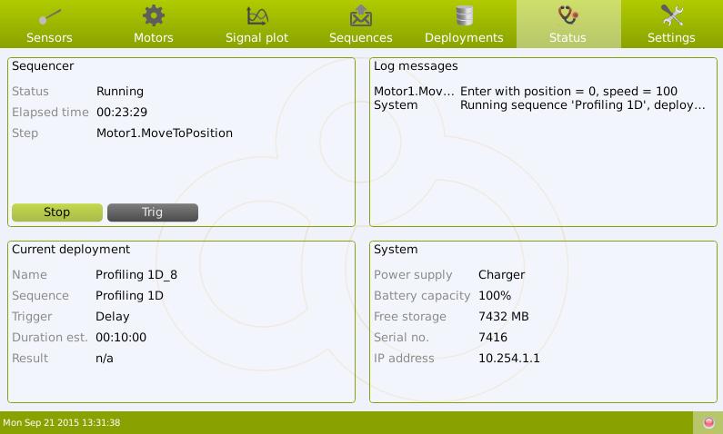 STATUS The Status window allows you to get a quick overview over the Field Microsensor Multimeter and what is running.