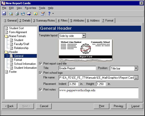 106 C HAPTER 8. Mark Print notes and enter www.pepperworthcollege.edu in the field. 9. Select Format in the tree view on the left. Format Header fields and options appear on the tab. 10.