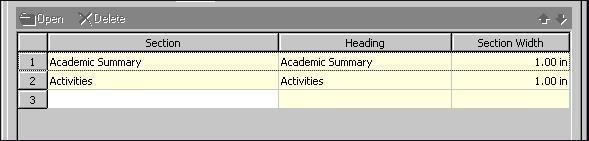 120 C HAPTER Summary/Notes Section Grid In the grid, select the sections of information to appear in the summary/notes area of the transcript. An academic summary section for GPAs appears by default.