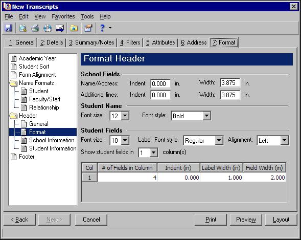 194 C HAPTER 4. In the Student Fields frame, select 10 in the Font size field. 5. In the grid, select 4 in the # of Fields in Column column. 6. Select General in the tree view on the left.