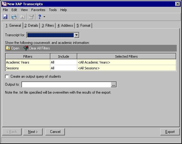 XAP TRANSCRIPTS 20 XAP Transcript Tabs When you create a new XAP transcript file, you specify parameters on the General, Details, Filters, Address, and Format tabs.