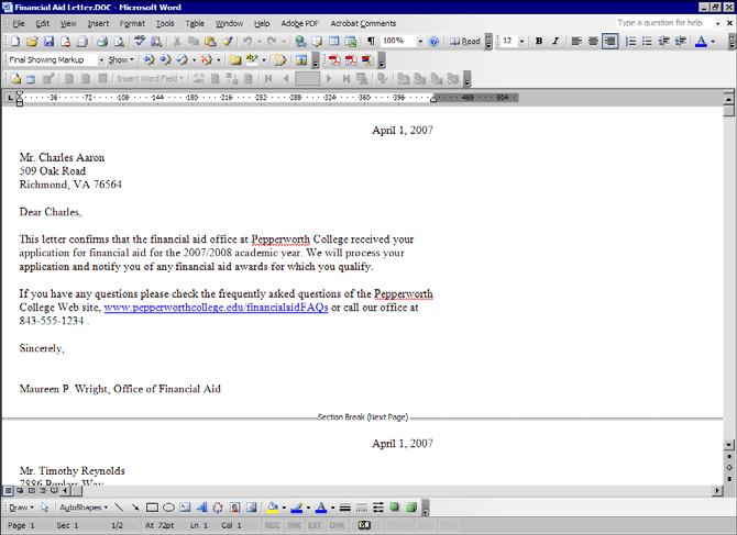 This single Word document contains all of the merged documents created from the export, each appearing on a separate page.