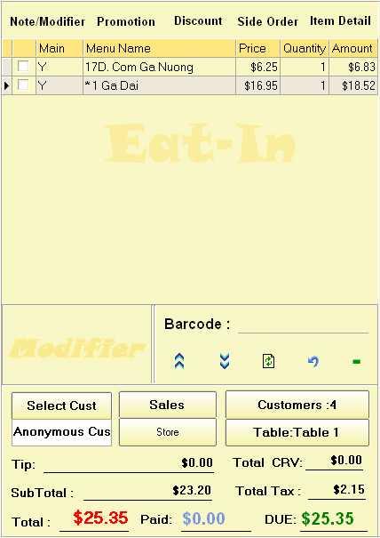 Table List is located at the far right of the screen, it is also color coded, red indicates the table is occupied and once it is occupied, it also shows how many of the customers sitting on the