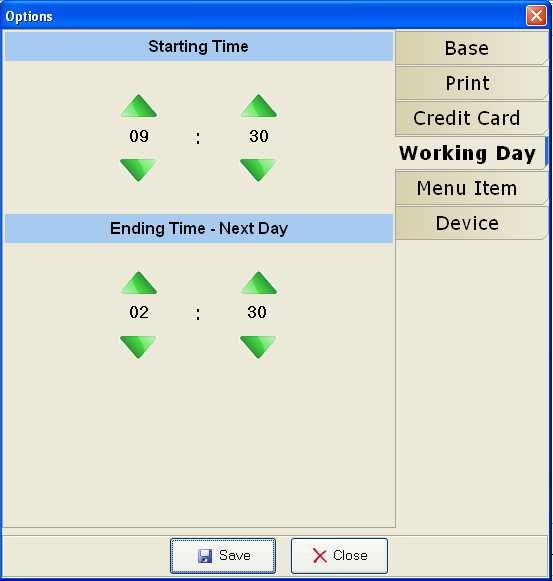 Here you can set up the starting and ending time of your business day.