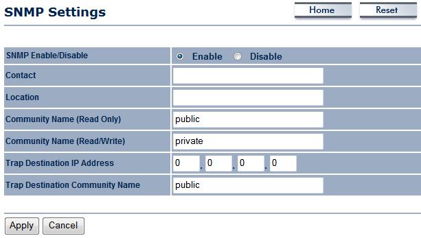 8.5.2 SNMP Settings This option allows you to assign the contact details, location, and community name and trap settings for SNMP.