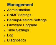 5.5 Management The following options are under the Management section of the left menu: Administration, SNMP Settings, Backup/Restore Settings, Firmware Upgrade, Time Settings, Log and Diagnostics.