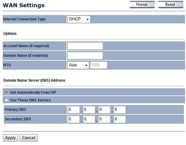 7.4 Router Under the Router section of the left menu, you will see the following options: WAN Settings, LAN Settings, and VPN Pass Through. Each section is described in detail below. 7.4.1 WAN Settings This page allows you to configure the WAN interface as DHCP, Static IP, PPPoE or PPTP.