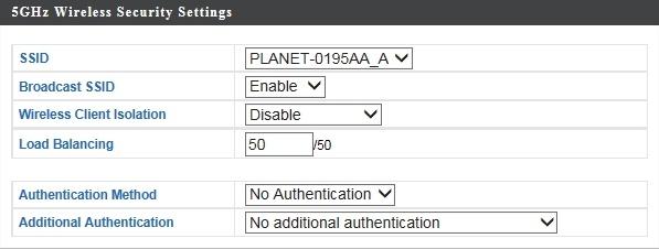 Figure 5-18 5GHz Wireless Settings - Security The page includes the following fields: Object SSID Selection Broadcast SSID Wireless Client Isolation Load Balancing Authentication Method Additional