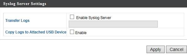 Figure 5-32 Syslog Server The page includes the following fields: Object Transfer Logs Copy Logs to Attached USB Device Transfer Logs Description Check/uncheck the box to enable/disable the use of a