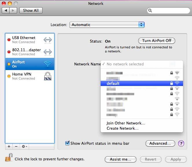 Step 3: Check Wi-Fi setting and select the available wireless network (1) Choose the AirPort on the left-menu (make sure it is ON) (2) Select Network