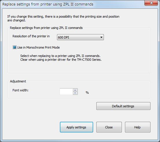 Replace settings from printer using ZPL II commands When you click [Default settings], the entered value returns to the printer's default value.