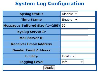 System Log Configuration This page is to configure system log settings.