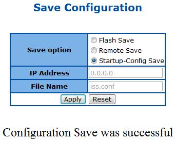 To (Month:Day:HH:MM) Click Apply to submit the changes. Configuration Save Configuration This page is used to save the running configuration.