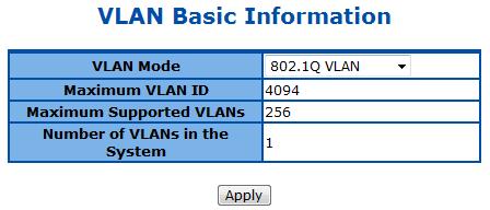 Figure 32 Layer2 Management > VLAN > Basic Information Parameter Description VLAN Mode Choose from 802.1Q VLAN or Asymmetric VLAN modes. Default is 802.1Q VLAN. Maximum VLAN ID Display the maximum VLAN ID can be configured.