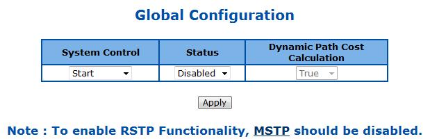 Figure 44 Layer2 Management > RSTP > Global Settings Parameter System Control Status Dynamic Path Cost Calculation Description To activate or shutdown the RSTP function.